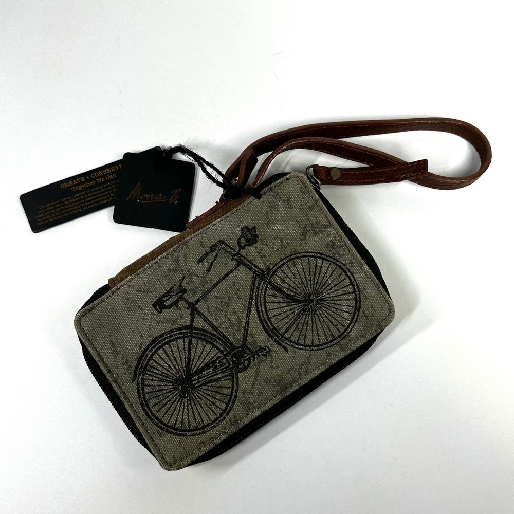 Mona B Cruiser Wallet Upcycled Canvas Leather Wristlet Bicycle Graphic M-5262